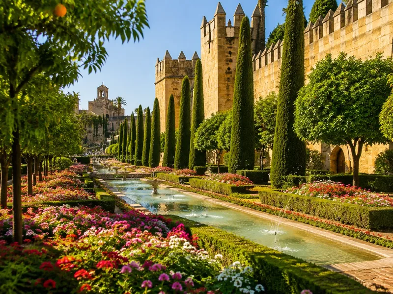 Giardini terrazzati con aranci e una delle tre vasche per pesci
